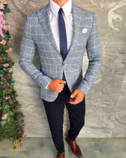 O perspectivă alternativă asupra modelului Sacou de bărbați, Slim Fit, Gri-albastrui in carouri- SC1138