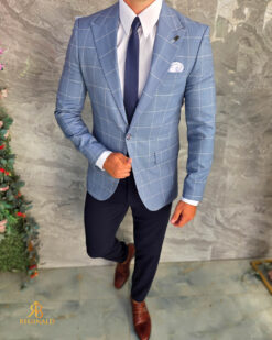 Sacou de bărbați, Slim Fit, Albastru deschis in carouri- SC1139