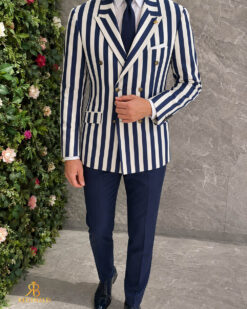 Sacou de bărbați double breasted bleumarin cu dungi albe, croiala Slim-Fit - SC1147
