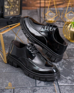 Mocasini de barbati casual, negri lăcuiti, cu șiret, talpa inalta ultra-usoara – AD981