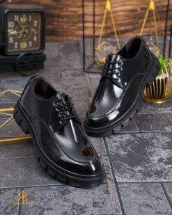 Mocasini de barbati casual, negri lăcuiti, cu șiret, talpa inalta ultra-usoara – AD981 - imagine 4
