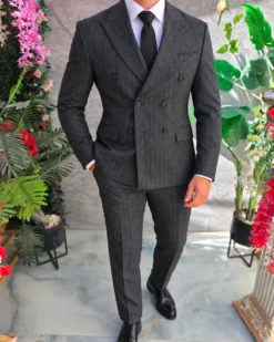 Costum bărbătesc Gri cu dungi albastre, Double-Breasted- C5628
