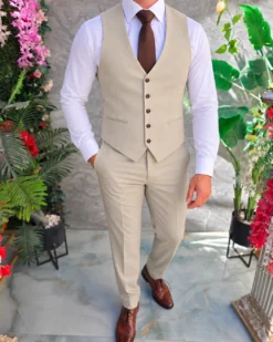 Costum de bărbați, Bej: Sacou, Vesta si Pantalon- C5630 – Image 3