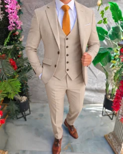 Costum de bărbați, Bej: Sacou, Vesta si Pantalon- C5629
