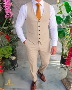 Costum de bărbați, Bej: Sacou, Vesta si Pantalon- C5629 – Image 4