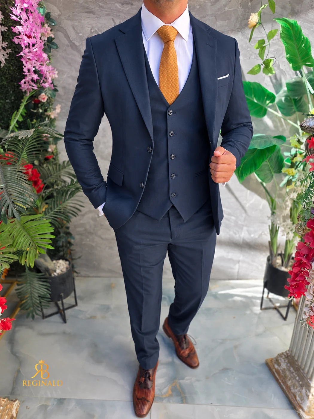 Costum de bărbați, bleumarin, Sacou, Vesta si Pantalon - C5626