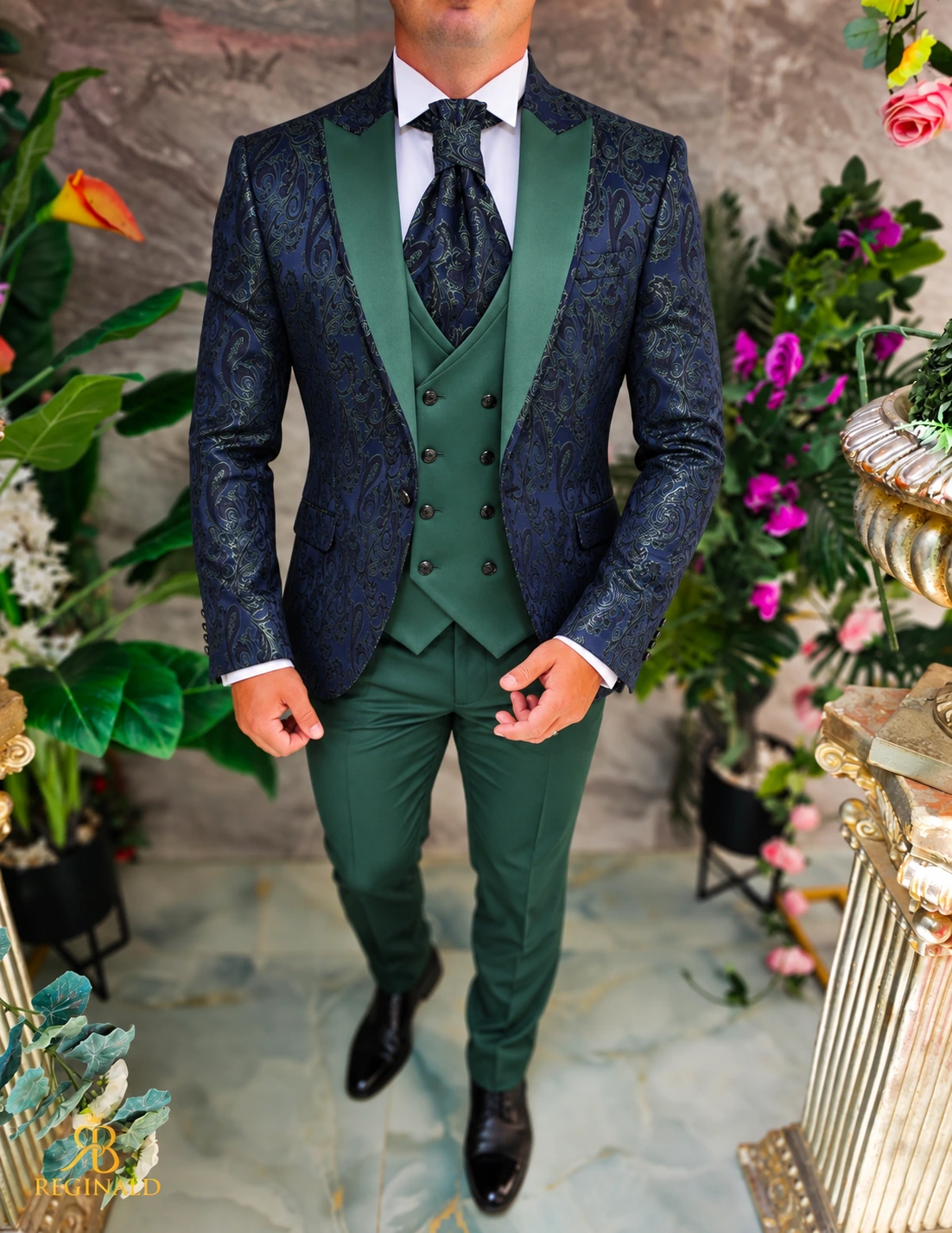 Costum de ceremonie bleumarin cu verde, set: 4 piese - C5619