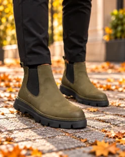 Ghete bărbătești Chelsea din piele naturală întoarsă, verde kaki - GH163