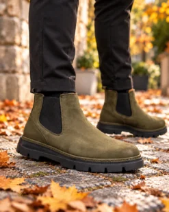 Una visione alternativa del Ghete bărbătești Chelsea din piele naturală întoarsă, verde kaki - GH163